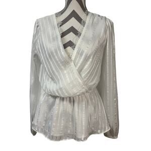NWT DO+BE White Satin Stripe Peplum Top Small Long Sleeve Lace Trim Surplice